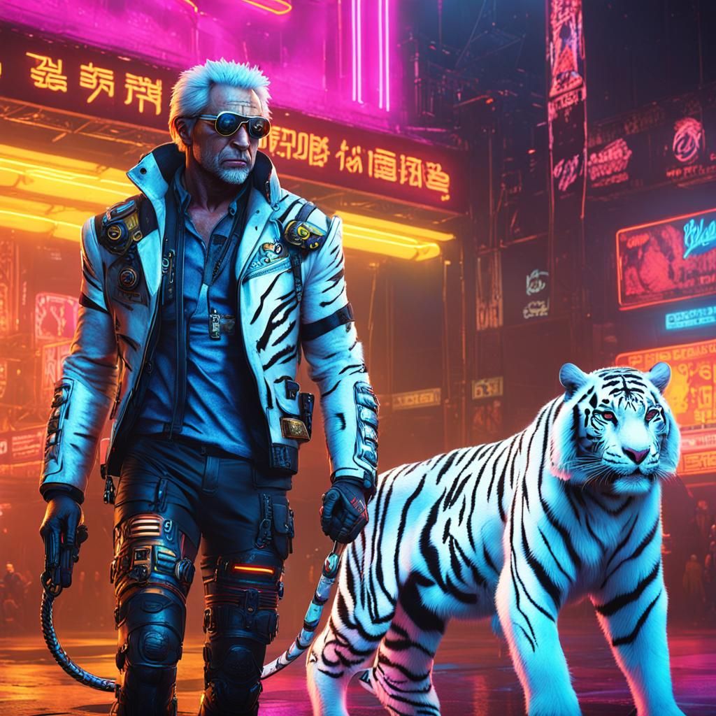 Cyberpunk White Tiger Cyborg with Siegfried & Roy