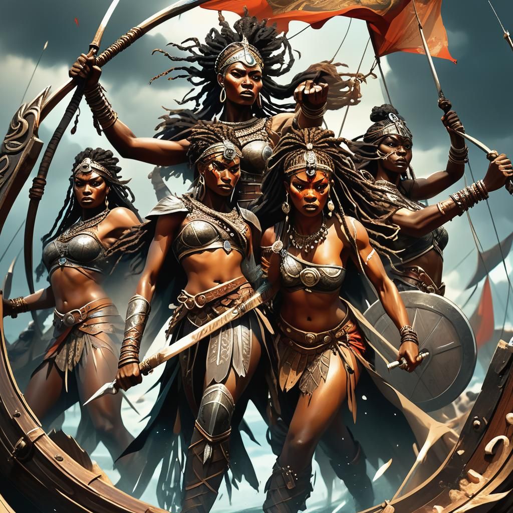 Dahomey Amazons Capture Viking Ship in Art Nouveau Style