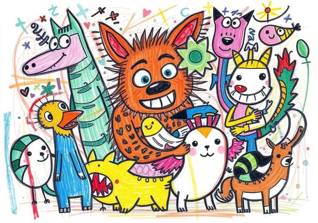 Messy Cartoon Animal Mashup in Crayon Style