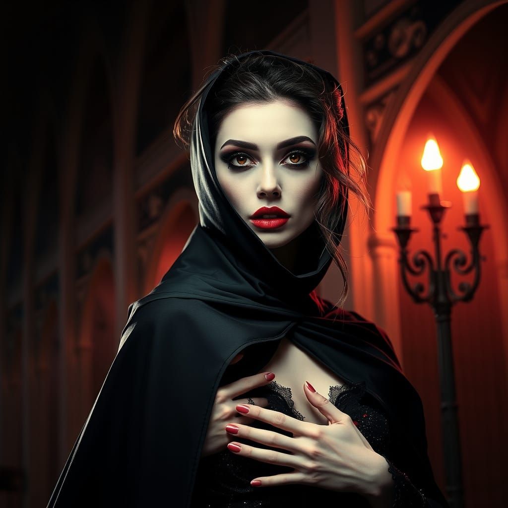 Mature Vampire Countess in Long Gown, Attacked by Vampire wi...