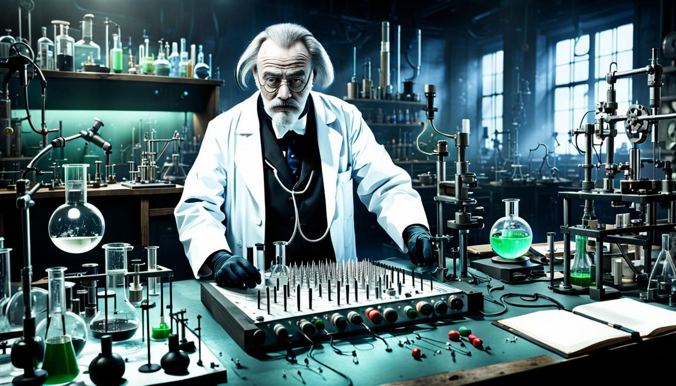 Mad Scientist in Gothic Laboratory Scene