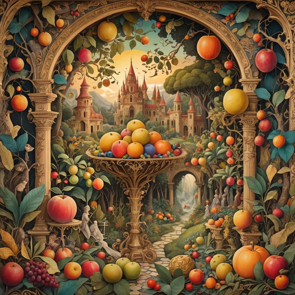 Whimsical Beings Gather Fruits in Mystical Collage