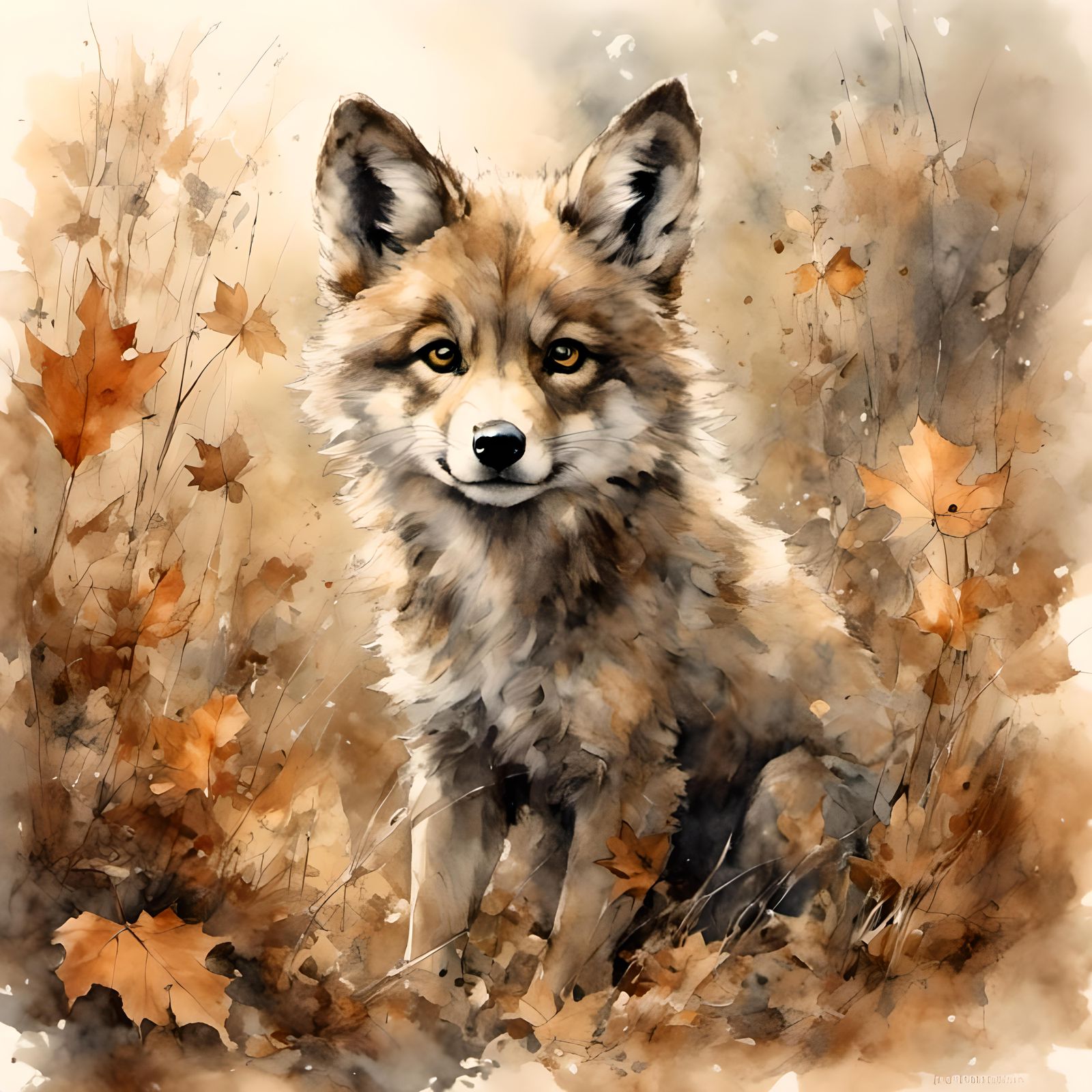 Cute Wolf Cub with Big Eyes in Autumn Meadow