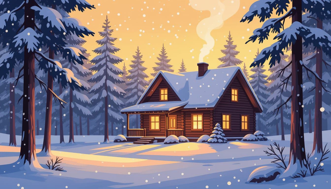 Tranquil Winter Cabin in Soft Snowfall
