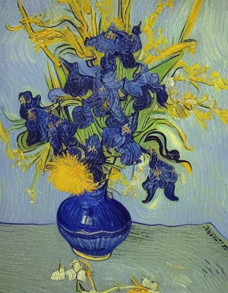 Vase of Blue Irises in Van Gogh Style