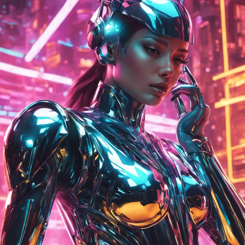 Cyberpunk Android Portrait in Holographic Style