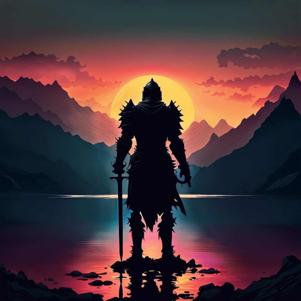 Knight Silhouette at Sunset on Lake Shore