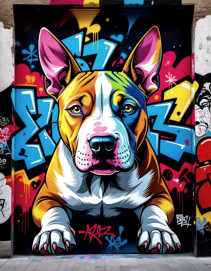 Vibrant Graffiti Bull Terrier Mural in Anime Style