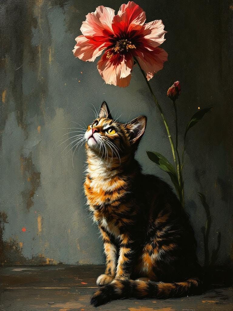Adorable Cat Under Flower in Impasto Film Noir Style