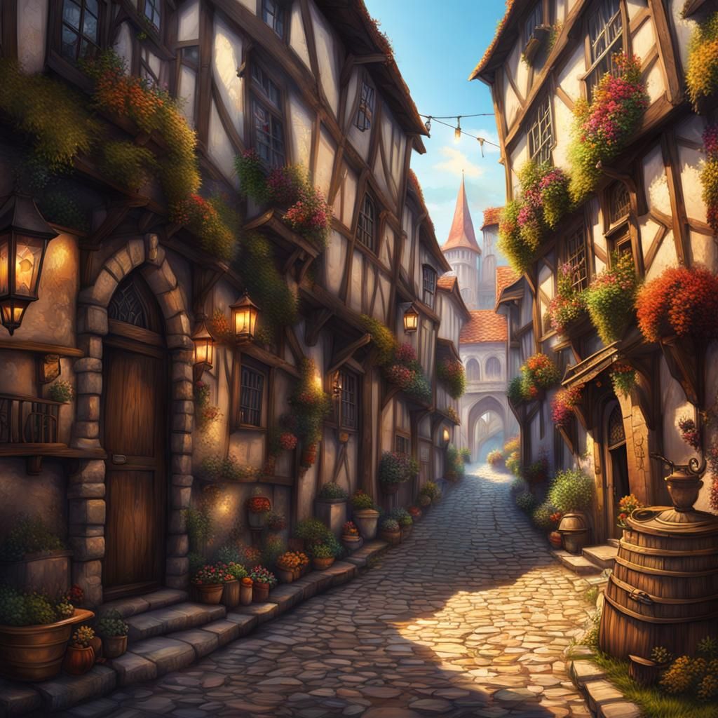 Detailed Medieval Street Scene in Hyperrealism
