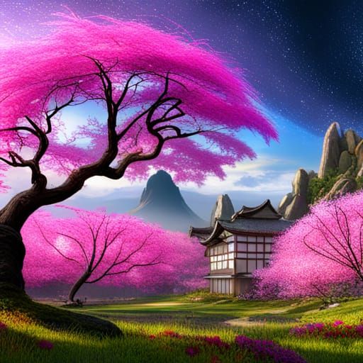 Cosmic Parakeet in Japan: Detailed Matte Painting