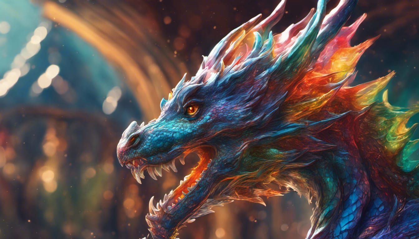 Colorful Blown Glass Dragon Over Castle Scene