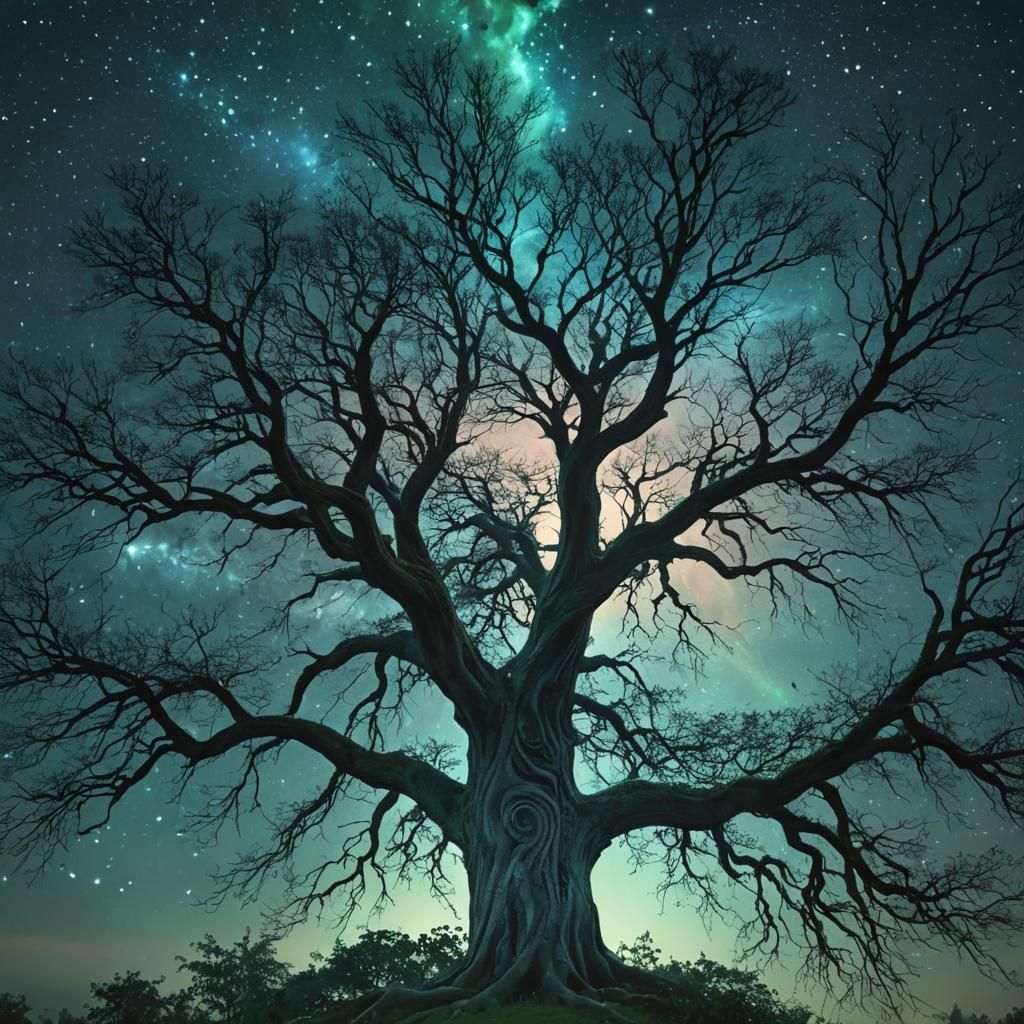 Mystic Tree Reaching for Stars in Dreamlike Fantasy Art