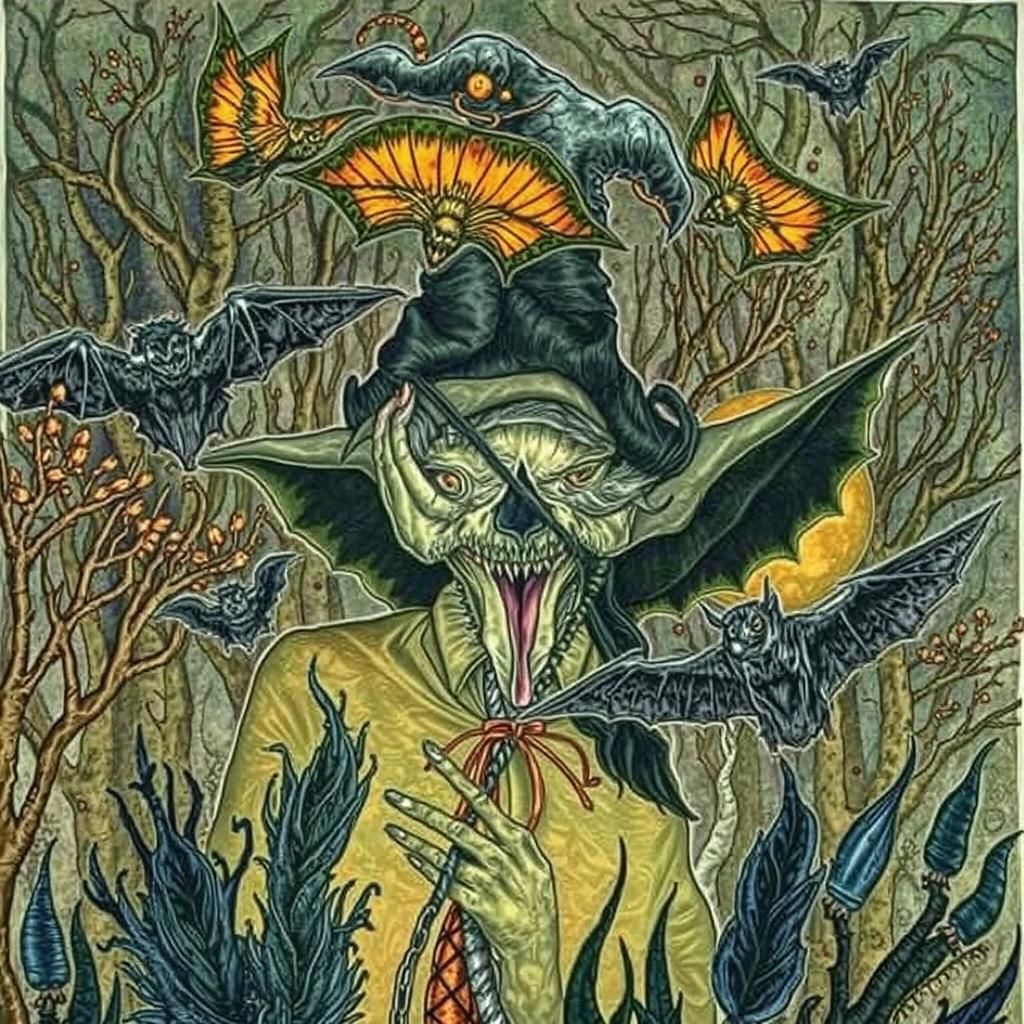 Alebrije Witch Portrait with Bats in Autumn Forest