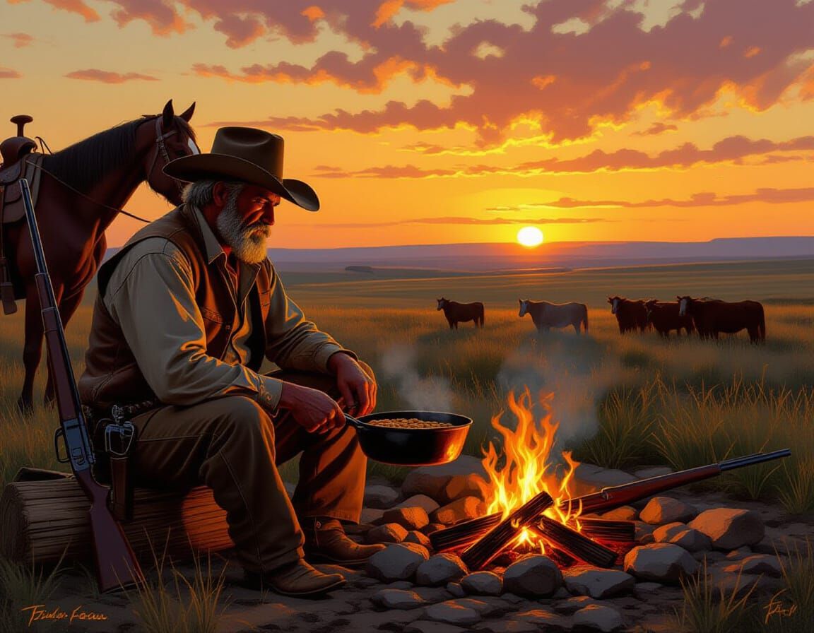 Old Cowboy Campfire Scene at Sunset