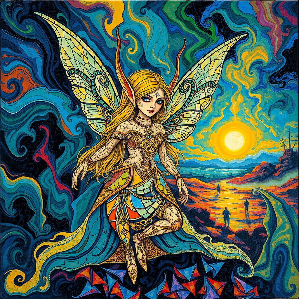 Mosaic Fairy Elf in Heavy Metal Style