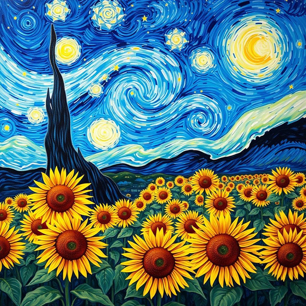 Starry Night Sky Over Sunflower Field, Impressionistic Style