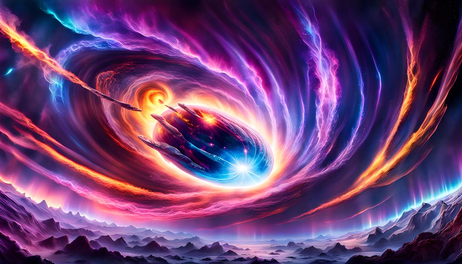 Spaceship Navigating a Galaxy Storm