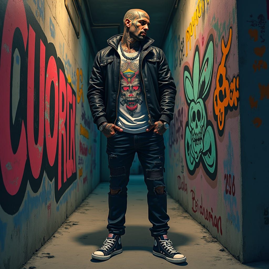 Gritty Street Gangster Exudes Power in Urban Alleyway