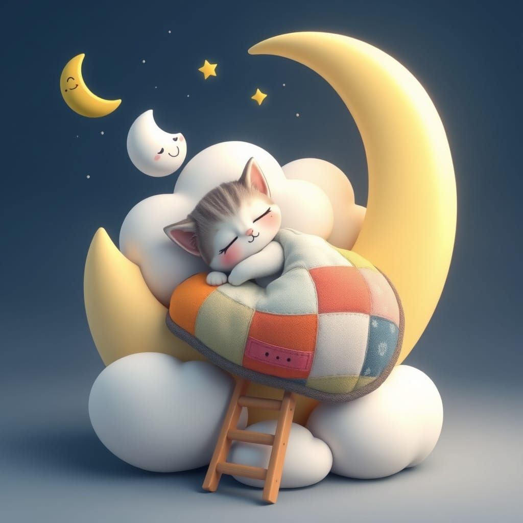 Kitten Sleeping on Moon in 3D Pixar Style