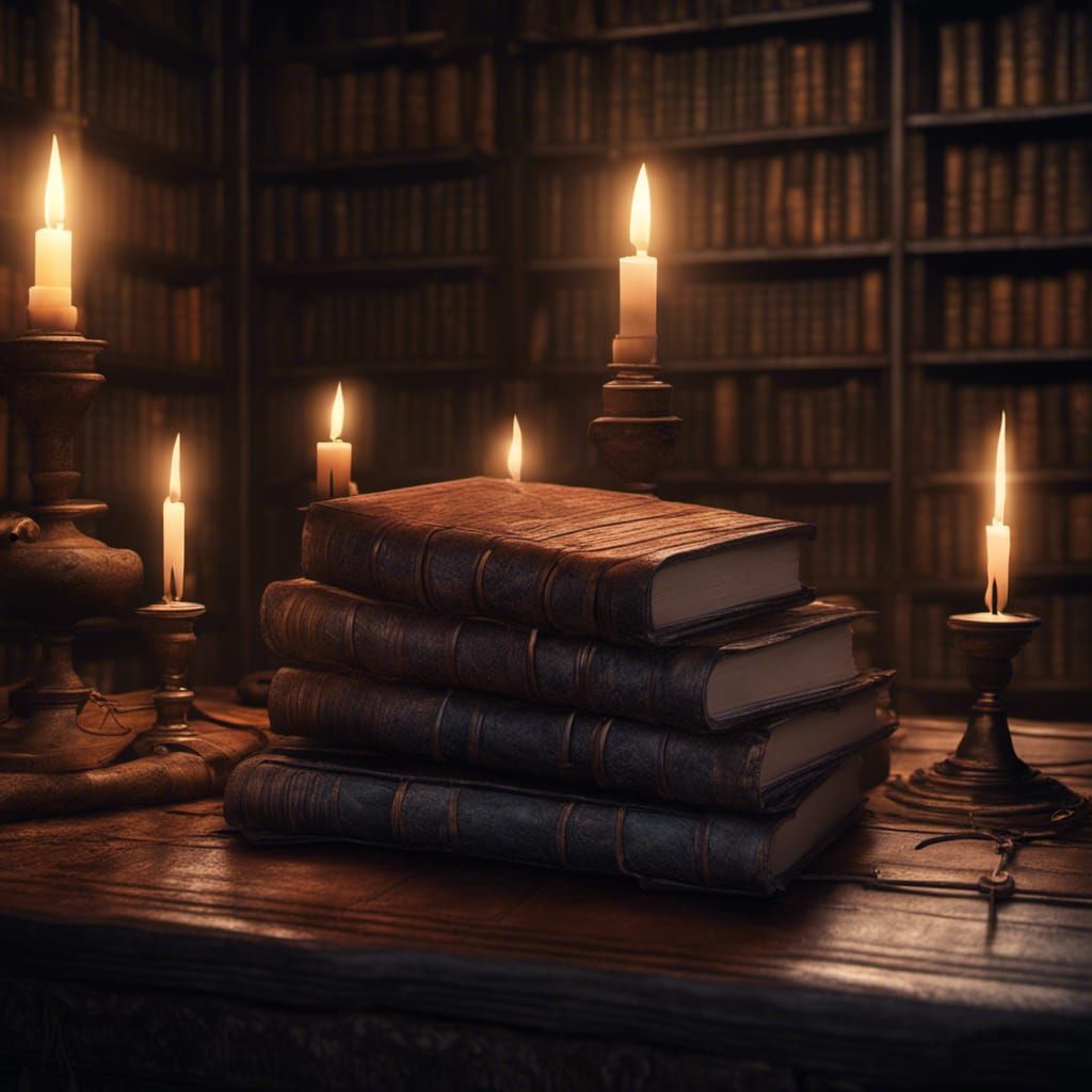 Candlelight Illuminates Leather Notebooks in Dark Library