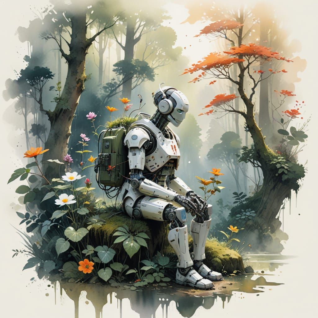 Surreal Robot Finds Serenity in the Forest