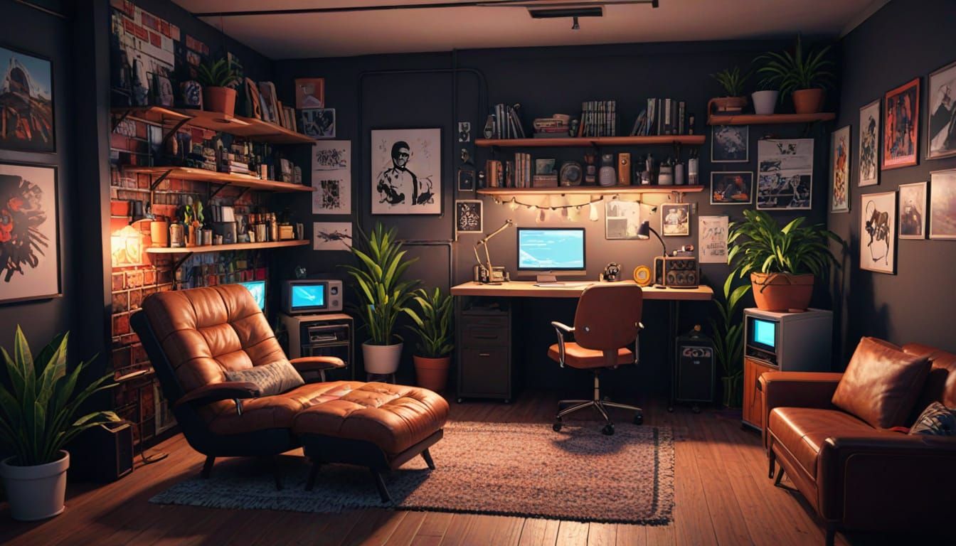 Cozy Creative Loft in Retro 90s Adventure Game Aesthetic