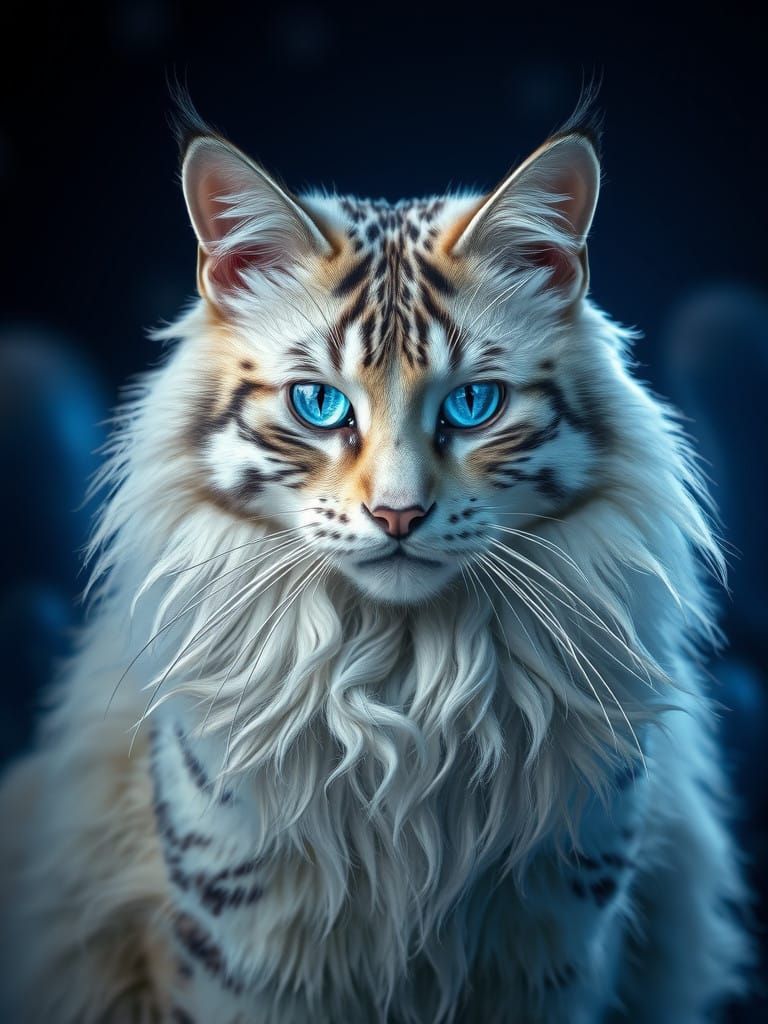 Ethereal White Tiger Cat with Glowing Eyes, in Photorealisti...