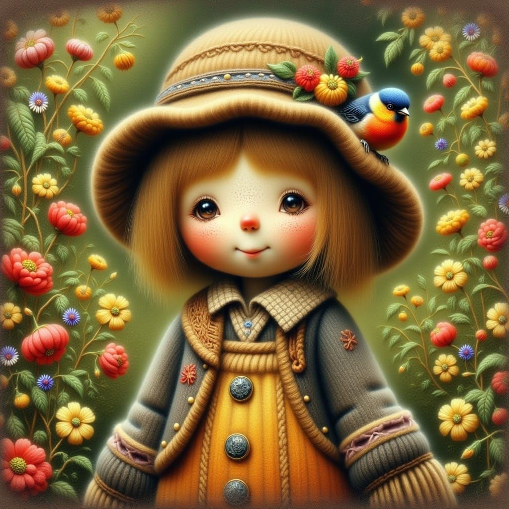 Majestic Bullfinch on Whimsical Scarecrow in Storybook Style