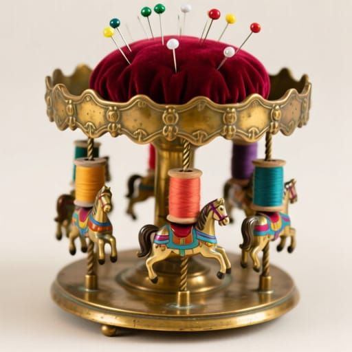 Antique Carousel Sewing Caddy with Thread Spools