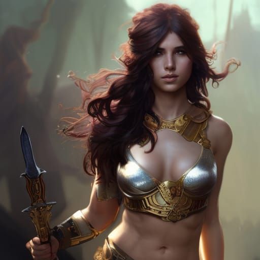 Warrior Girl in Gilded Armor on Battlefield