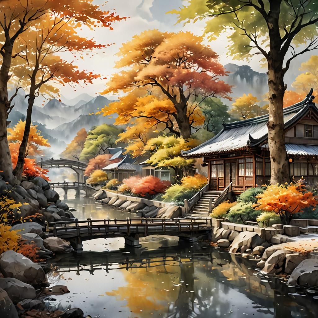 Seasonal Landscape in Watercolor Style of Liu Yi