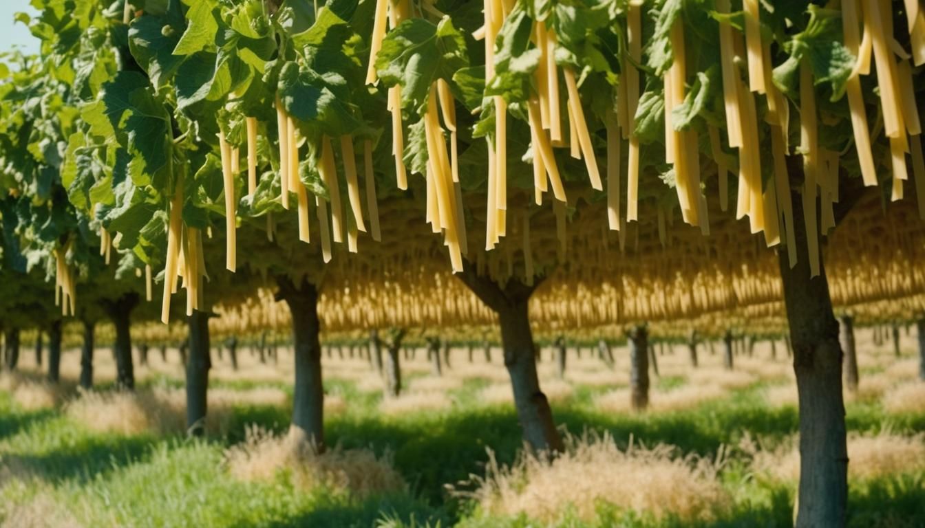 Hyperrealistic Pasta Orchard Harvest on Sunny Day