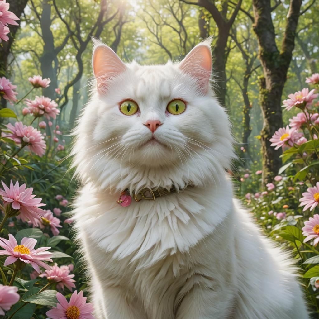 Fluffy White Cat in Flower Forest: Fantasy Art