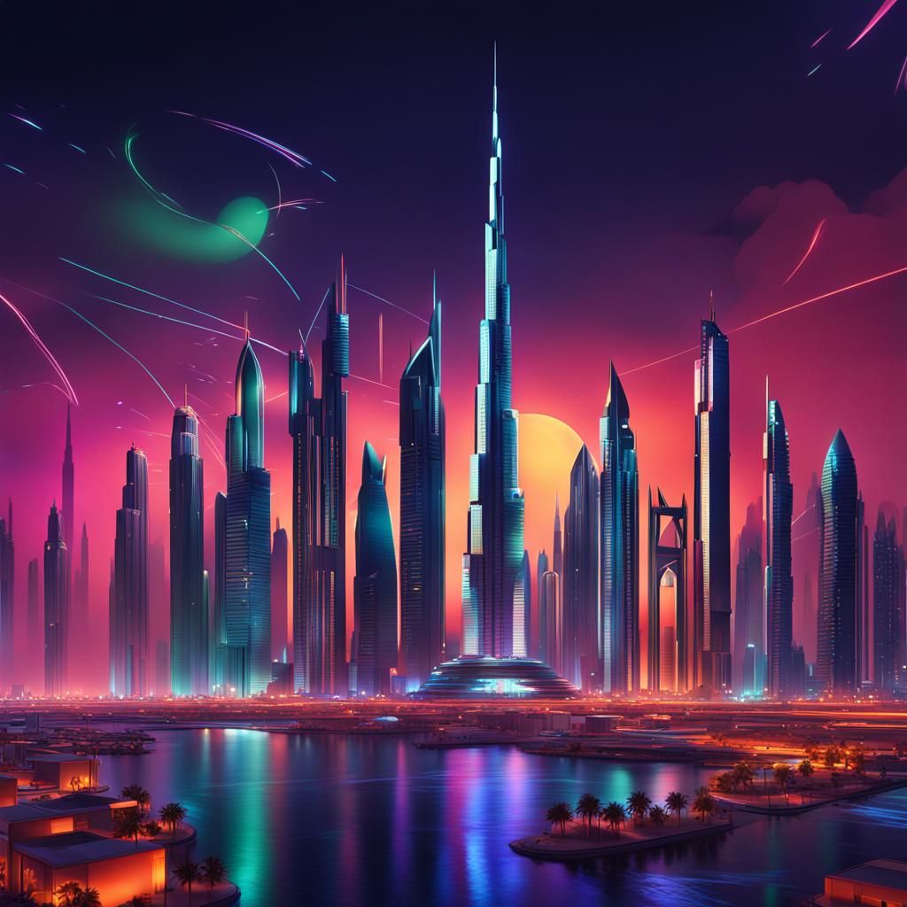 Futuristic Dubai Skyline in Constructivist Art Style