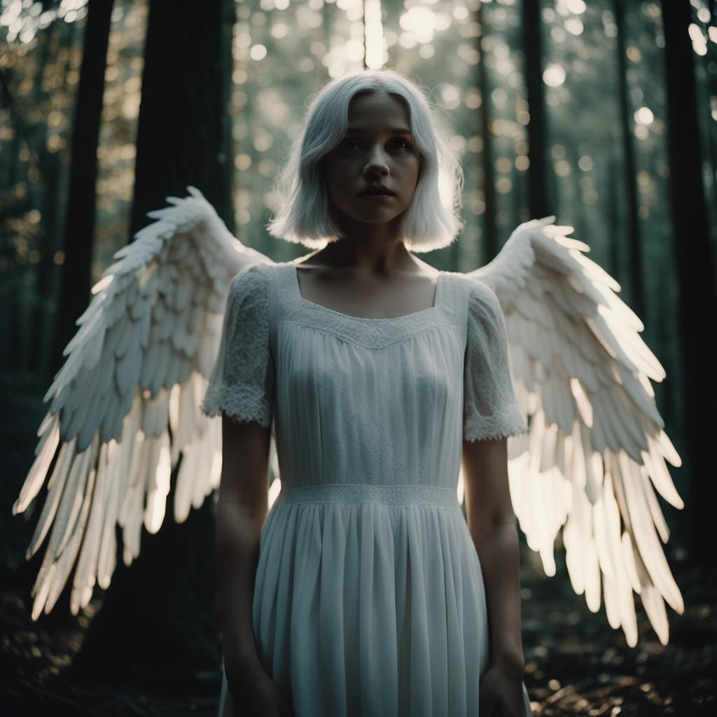 Girl with Wings in Dark Forest, Film Noir Style