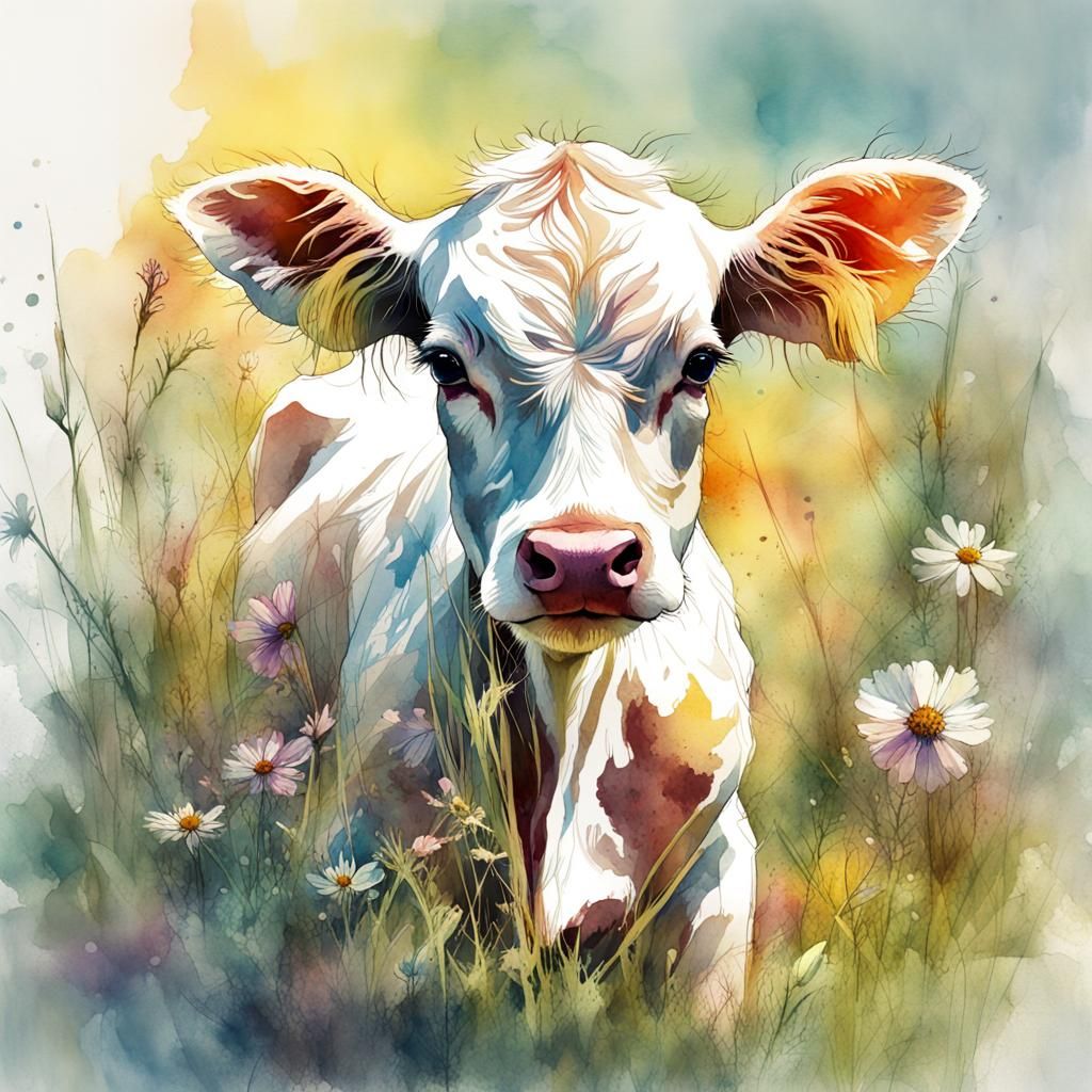 Calf in Wildflower Meadow: Digital Watercolor Art