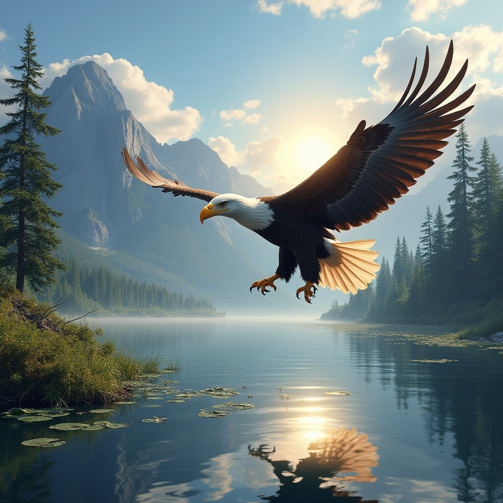 Bald Eagle Soaring Over Lake: Digital Matte Painting