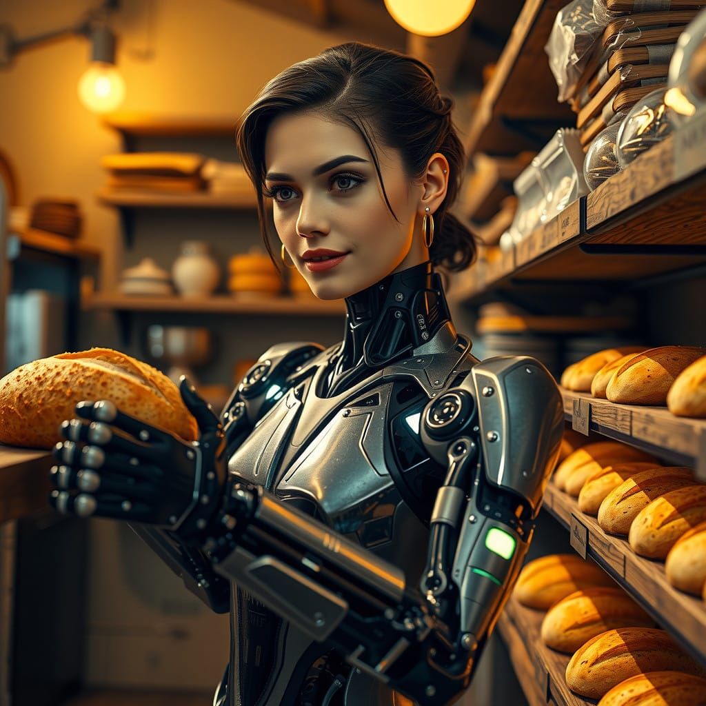Robotic Beauty in a Cozy Bakery Scene