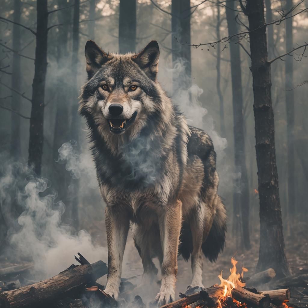 Smoky Wolf Head Emerges from Campfire