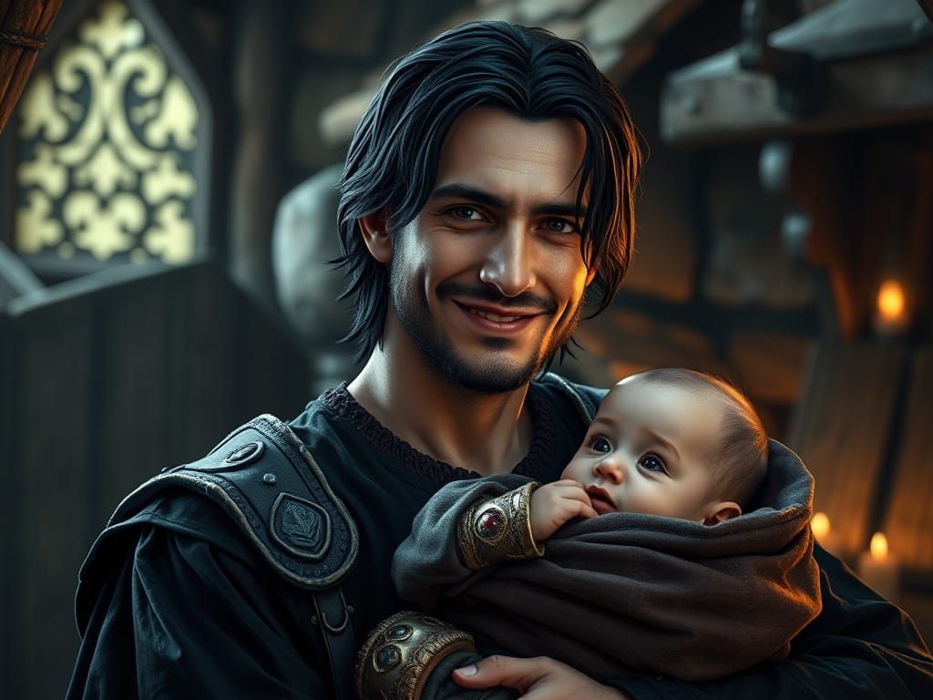 Medieval Father Holds Baby in Cozy Cottage