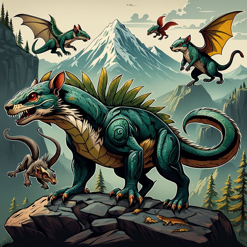 Mesozoic Mammal Flash Tattoo Sheet in Traditional Style