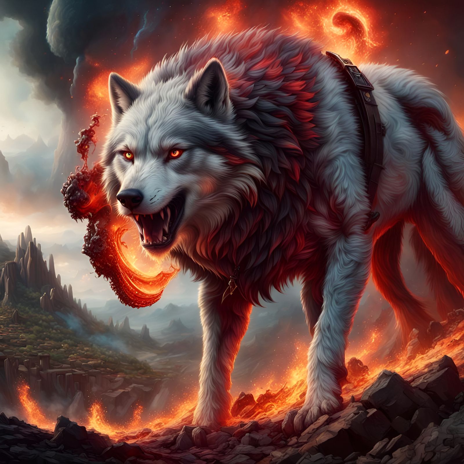 Three-Headed Fire Wolf with Red Eyes