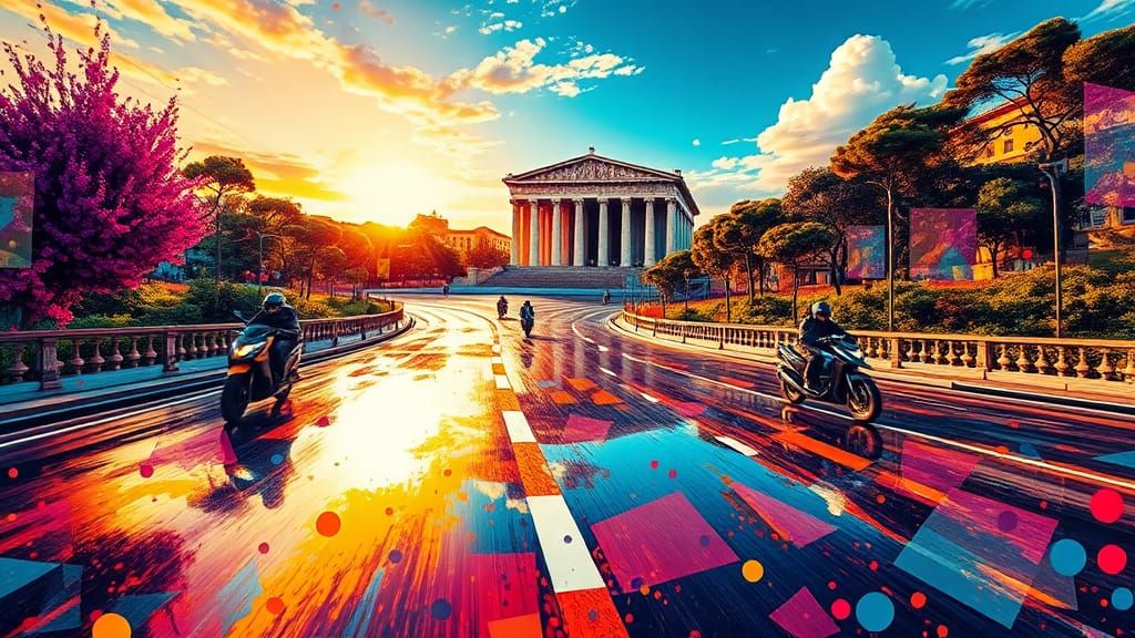 Futuristic Rome with Kaleidoscopic Roads in Surreal Style