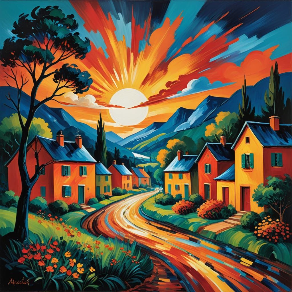 Fauvist Village Painting with Fiery Skies and Bold Colors