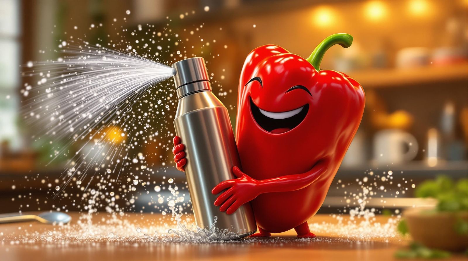 Vibrant Red Pepper Wields Water Spray in Kitchen Scene