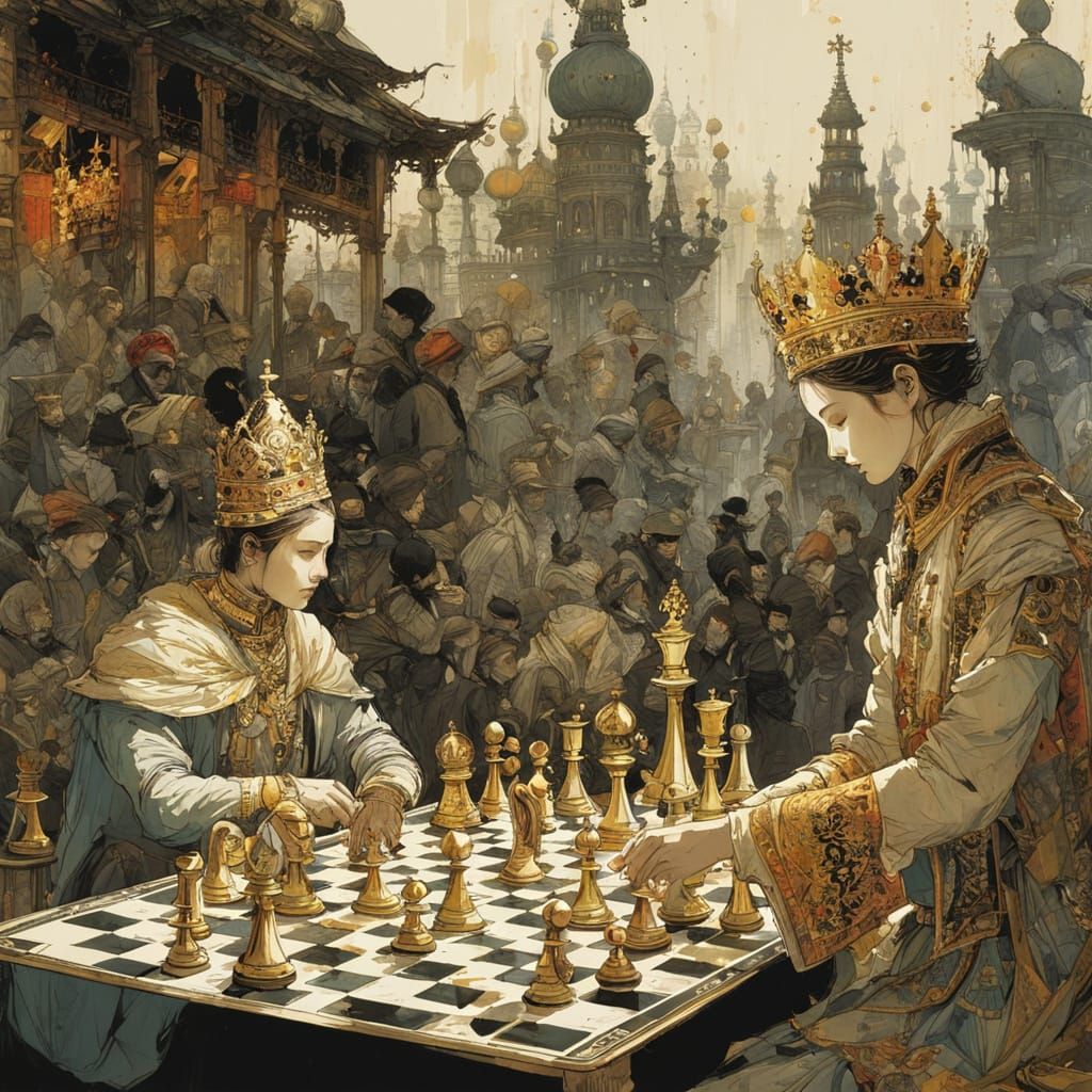 Watercolor Chess Game in Gold and Silver