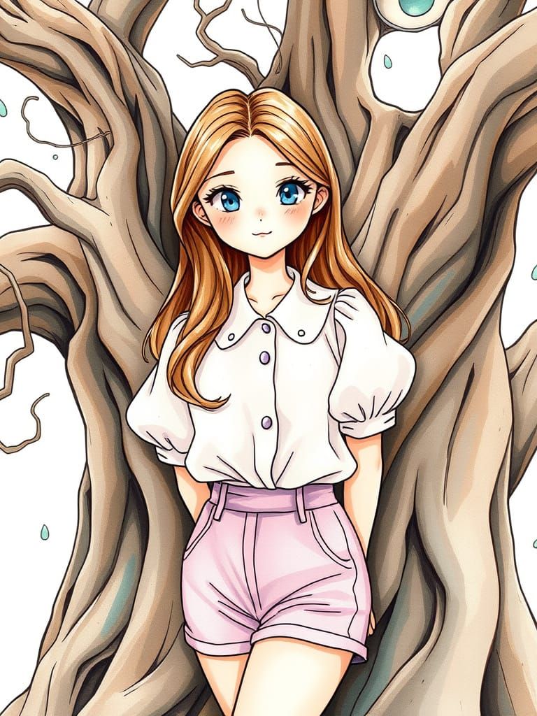 Kawaii-Inspired Watercolor Woman Amidst Whimsical Tree