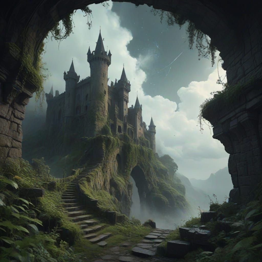 Ancient Castle Silhouetted Against Cosmic Sky