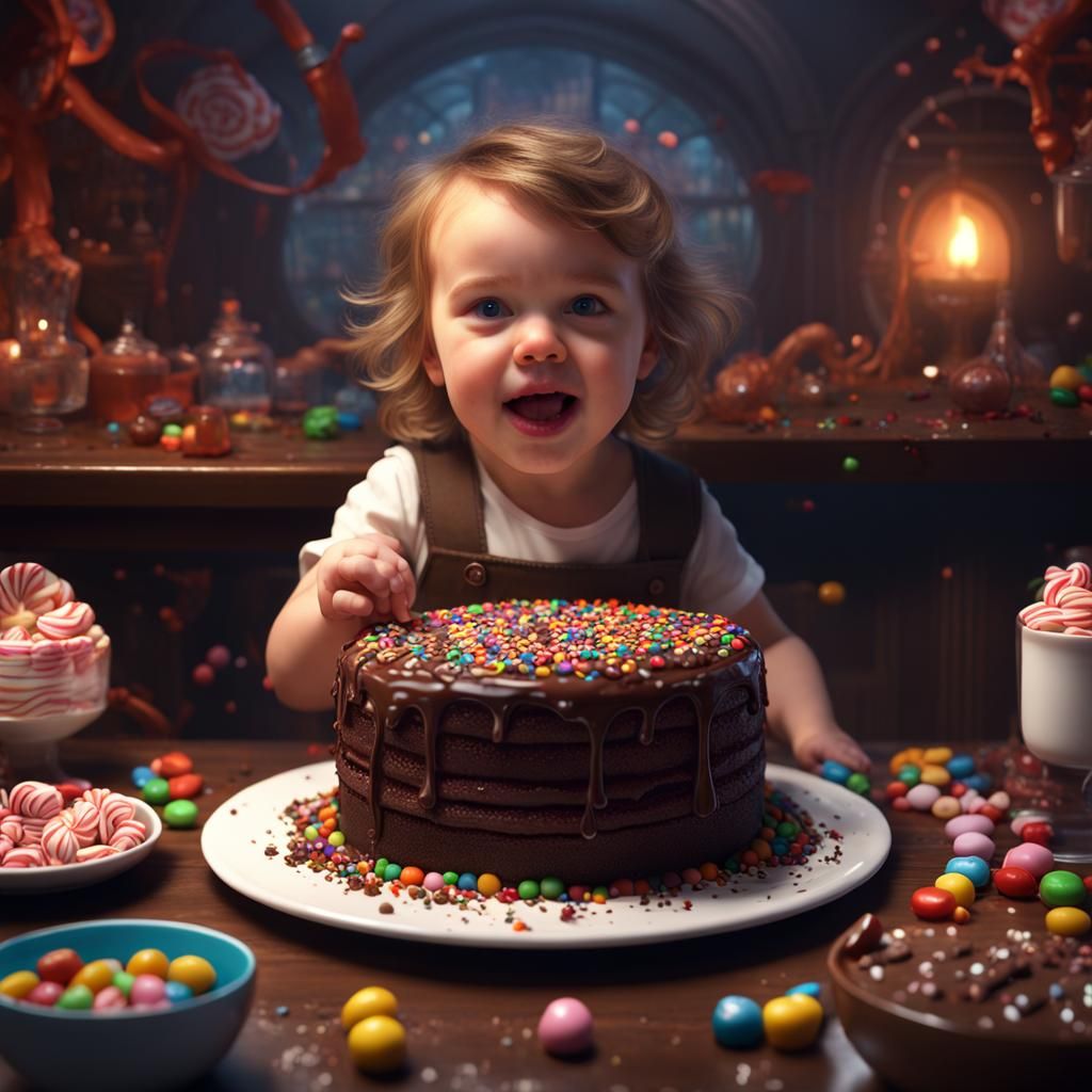 Toddler with Towering Chocolate Cake, Hyperdetailed Art